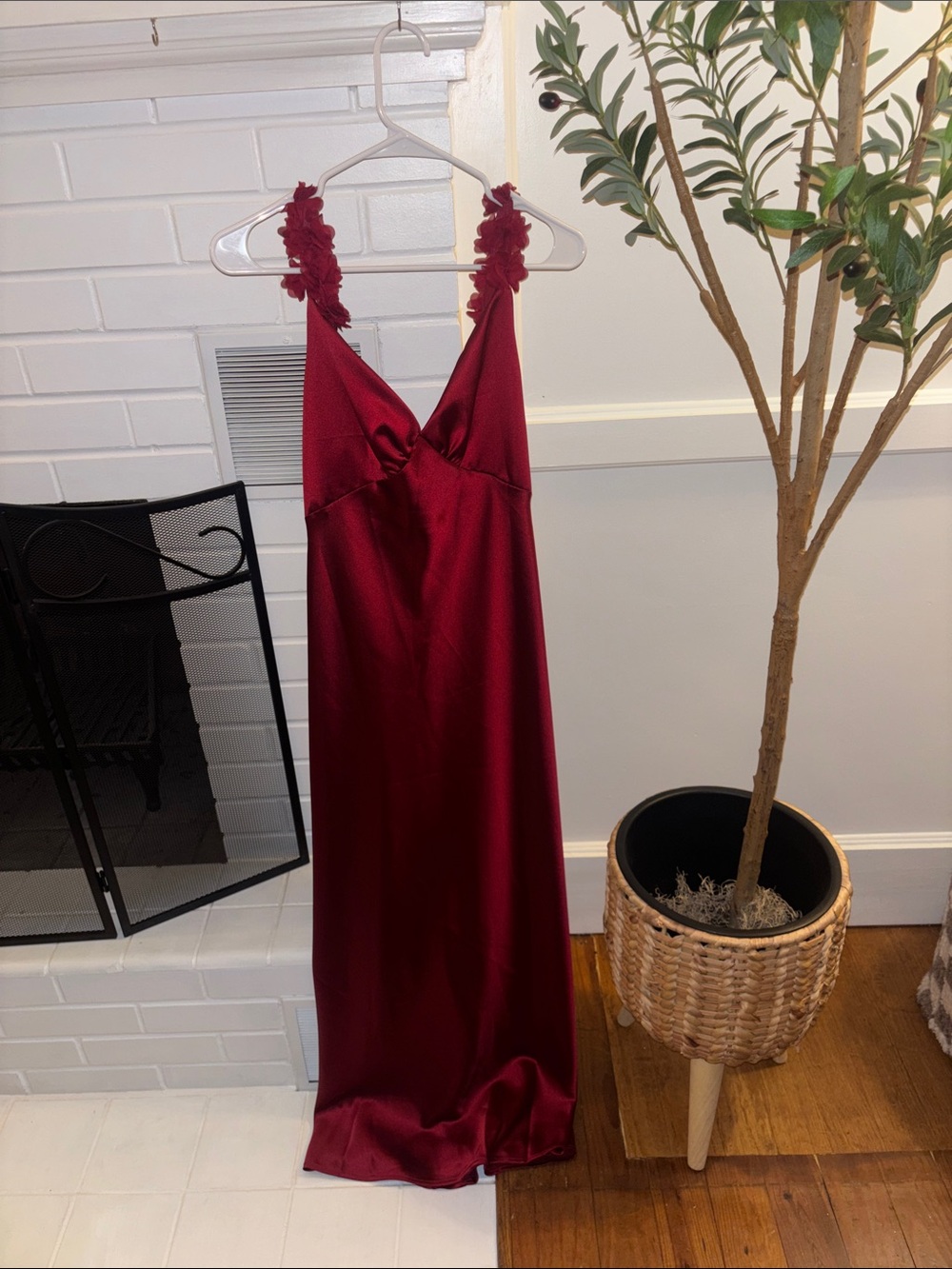 Amazon Burgundy Satin Maxi Dress with Floral Strap Accents